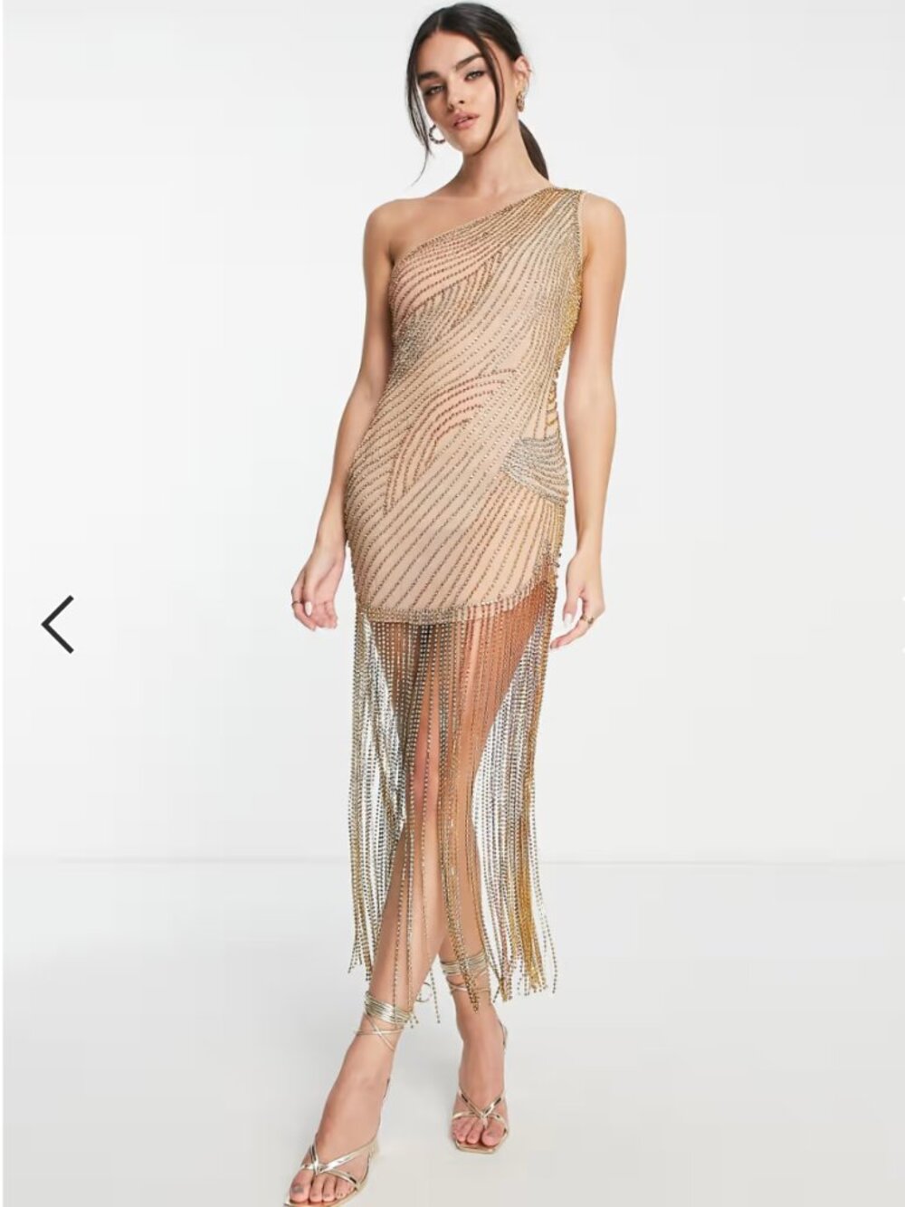 ASOS DESIGN one shoulder all over diamante embellished mesh mini dress in gold